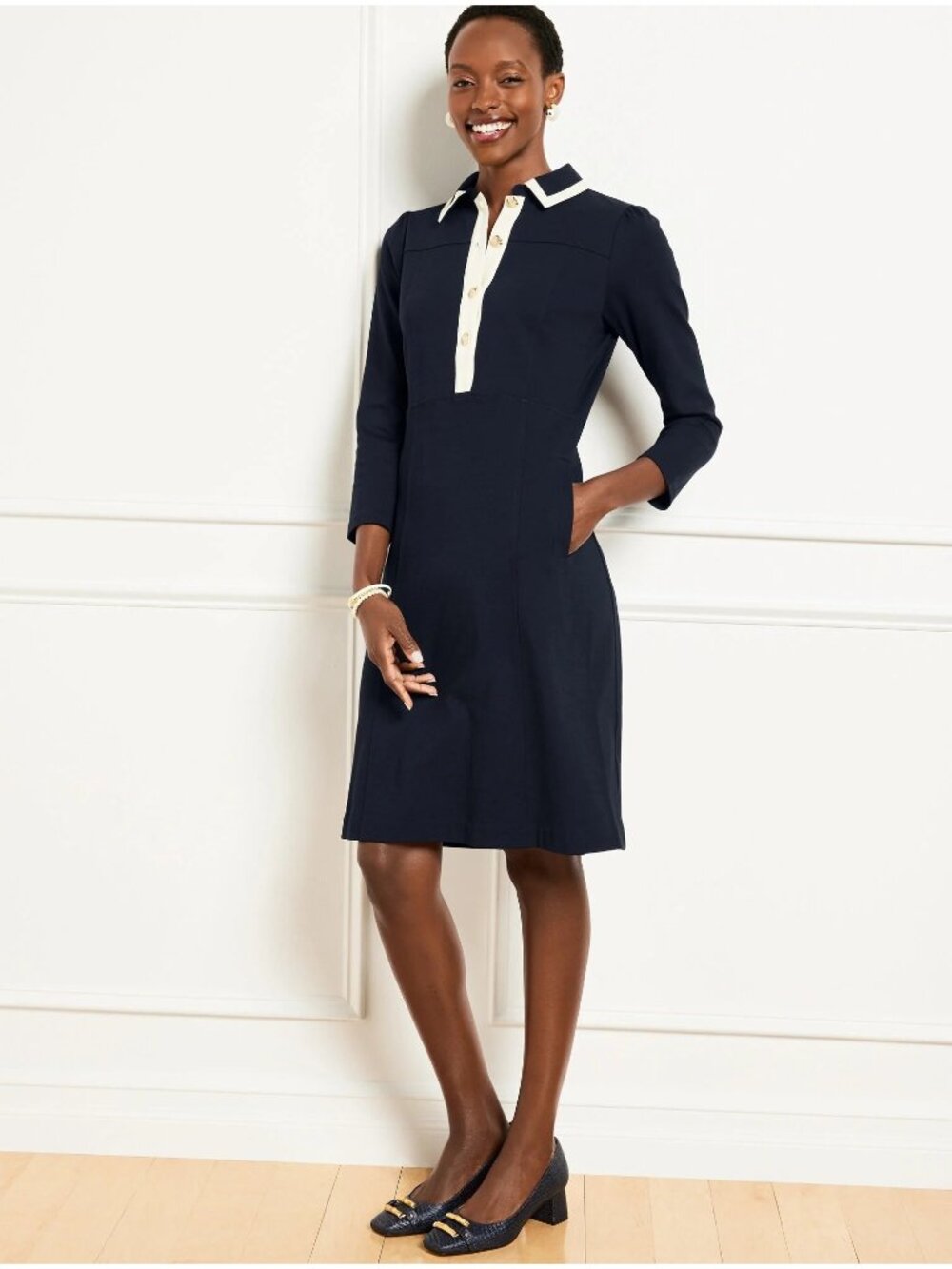 NWT Talbots Tipped Ponte Black/White Shirtdress 14P Classic Office Pockets